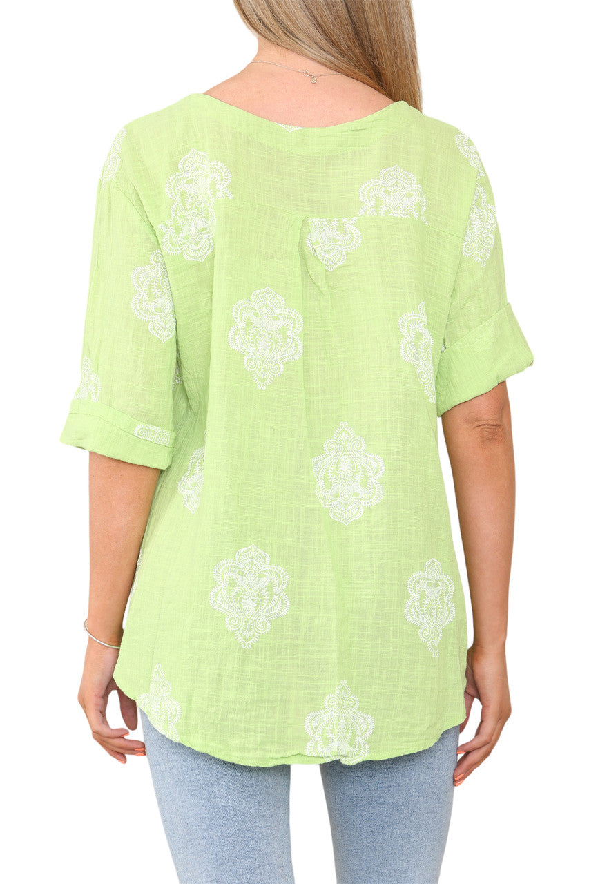 Dames Paisley Ornamentprint Grandad Kraag Top Limoen