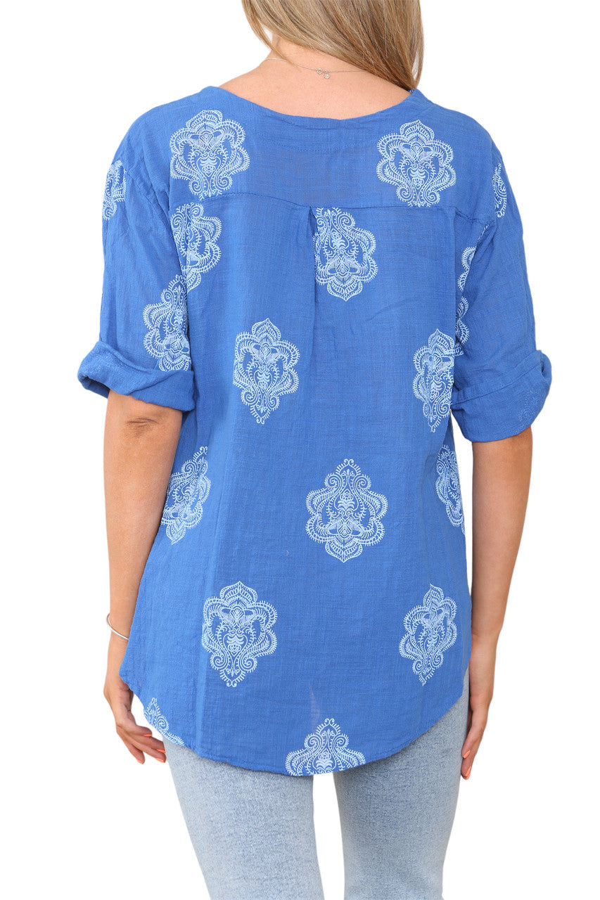 Ladies Paisley Ornamento Print Grandad Collar Top Royal Blue