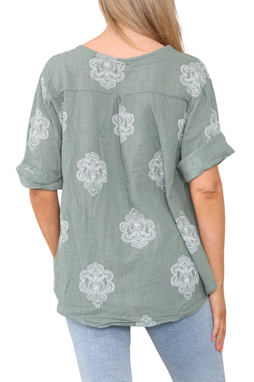 Ladies Paisley Ornamento Print Grandad Collar Top Khaki