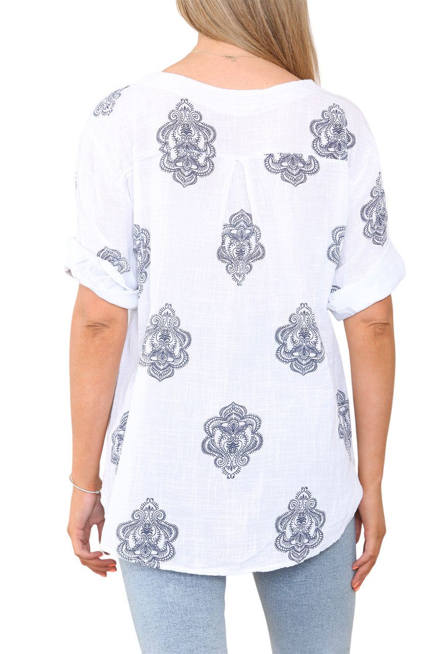 Dames Paisley Ornament Print Grandad Kraag Top Wit