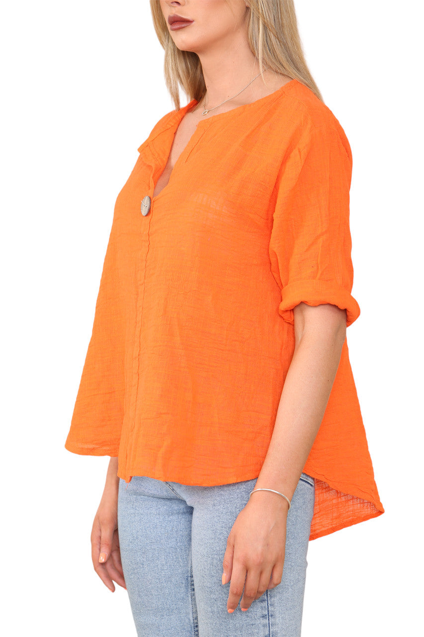 Ladies Plain Grandad Collar Button Front Top Orange