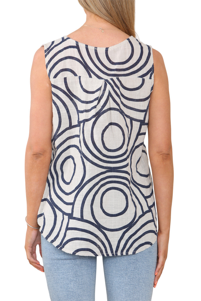 Ladies Abstract Print Grandad Collar Sleeveless Top Stone