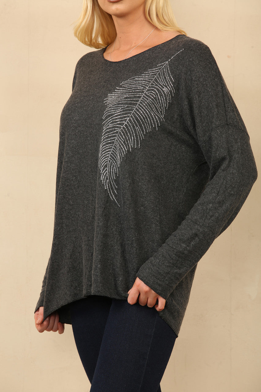 Copy of DIAMANTE FEATHER FINE KNIT JUMPER CHARCOAL