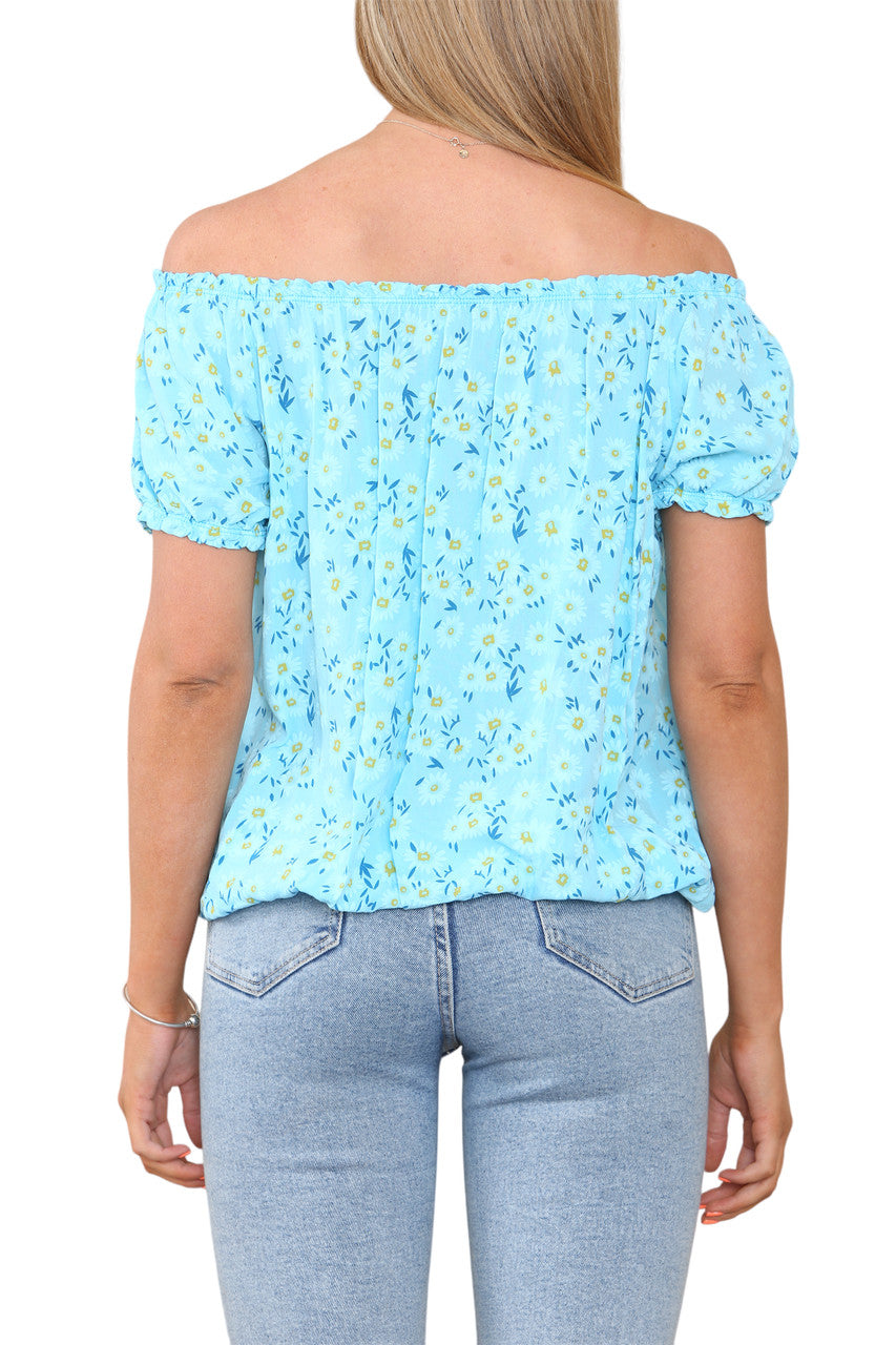 Ladies Bardot Off The Shoulder Floral Print Top Turquoise