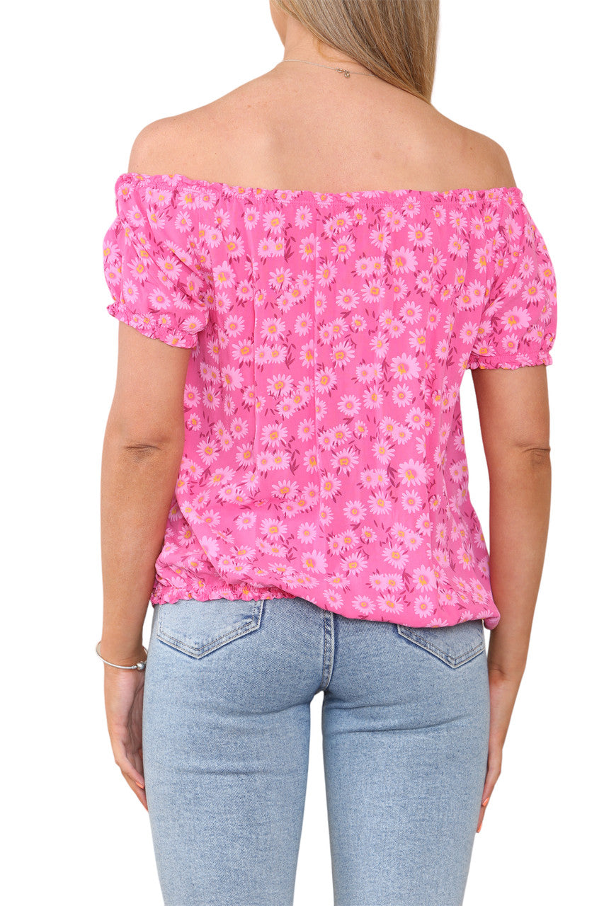 BARDOT OFF SHOULDER FLORAL PRINT TOP CERISE