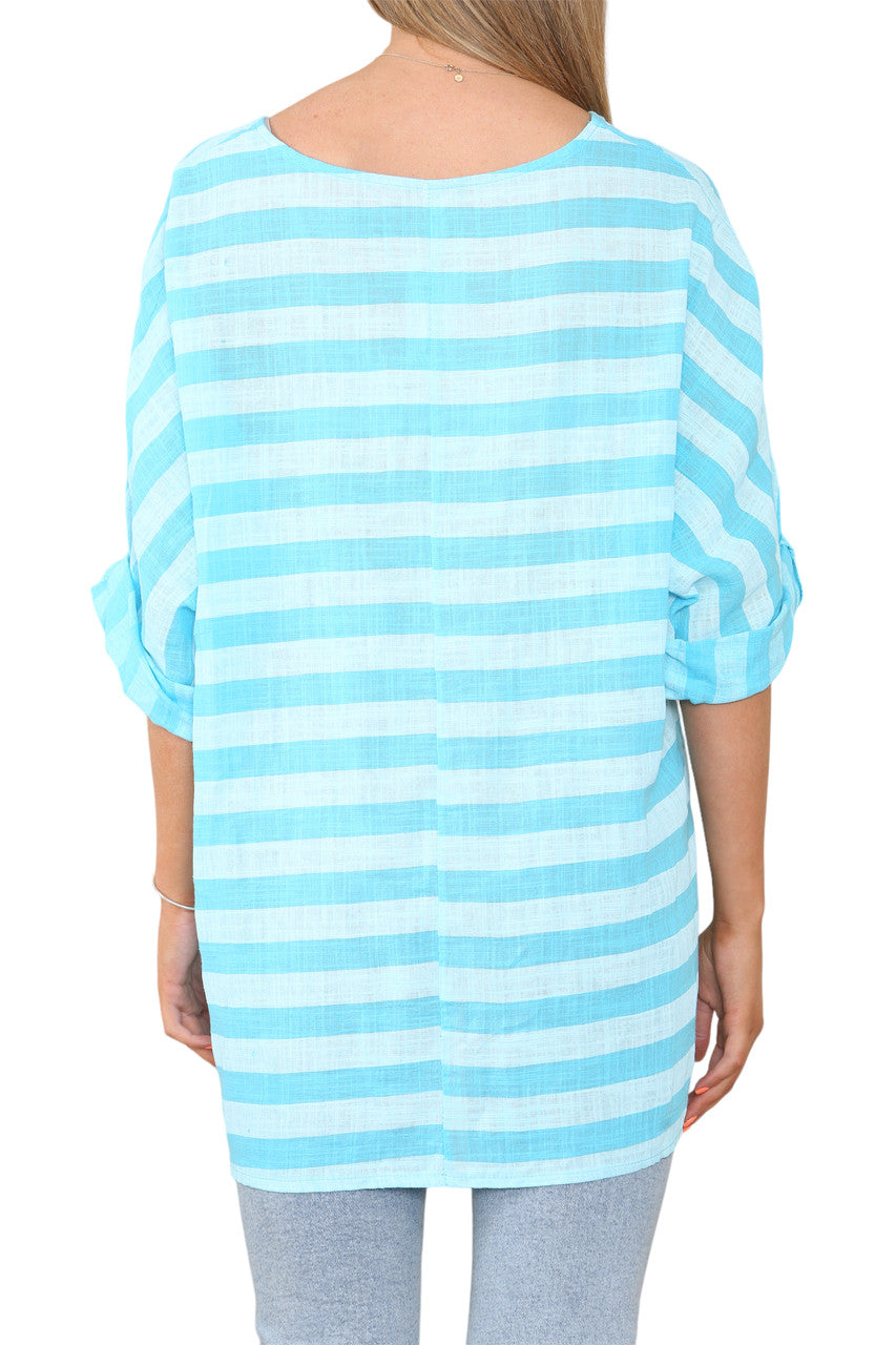 WIDE BLOCK STRIPED TOP TURQUOISE