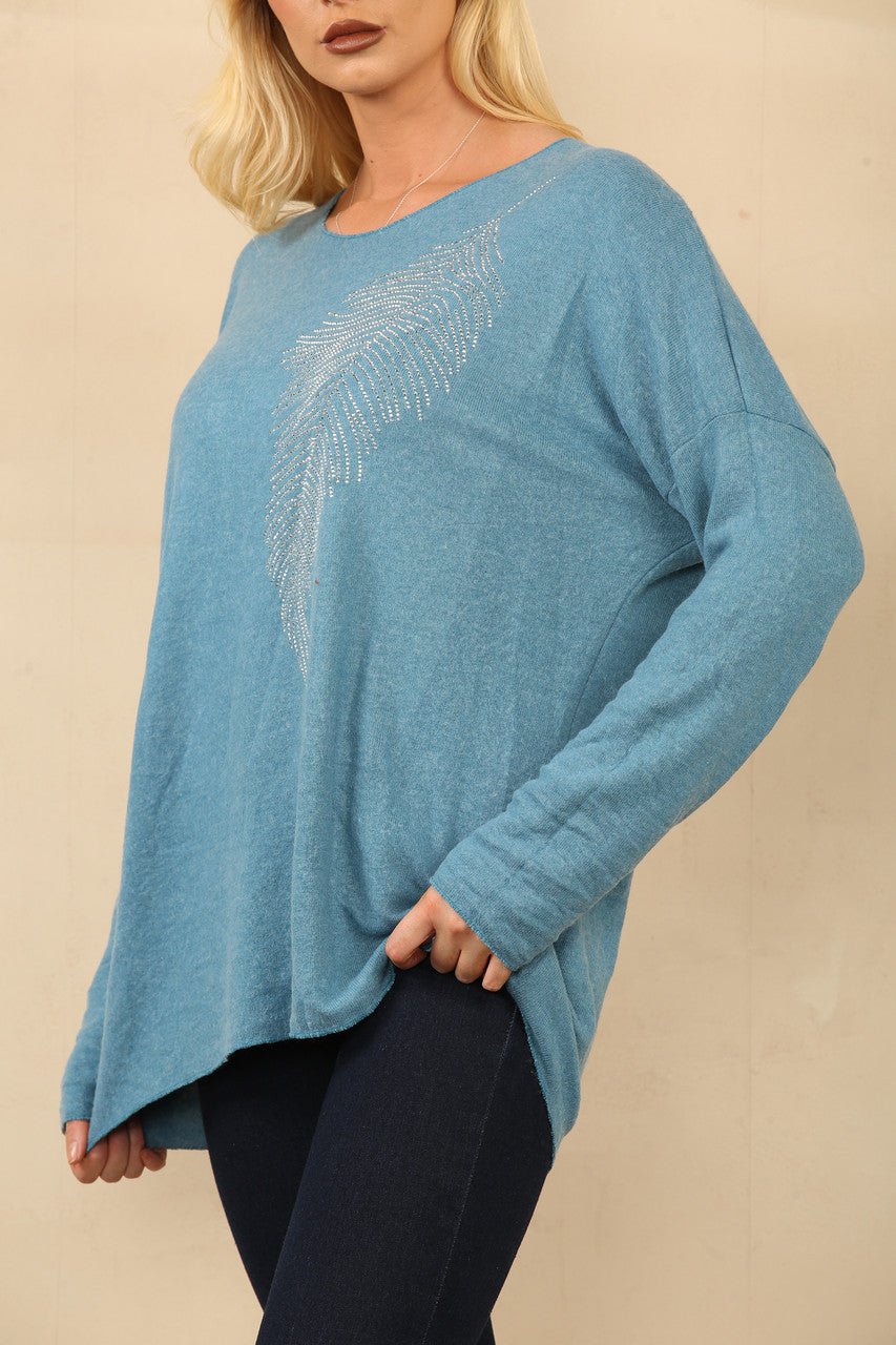 DIAMANTE FEATHER FINE KNIT JUMPER TEAL