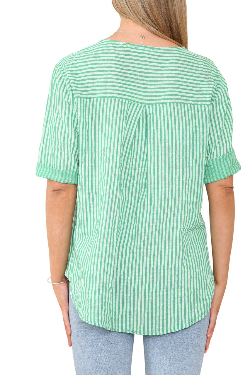 STRIPE PRINT GRANDAD COLLAR BUTTON FRONT TOP GREEN