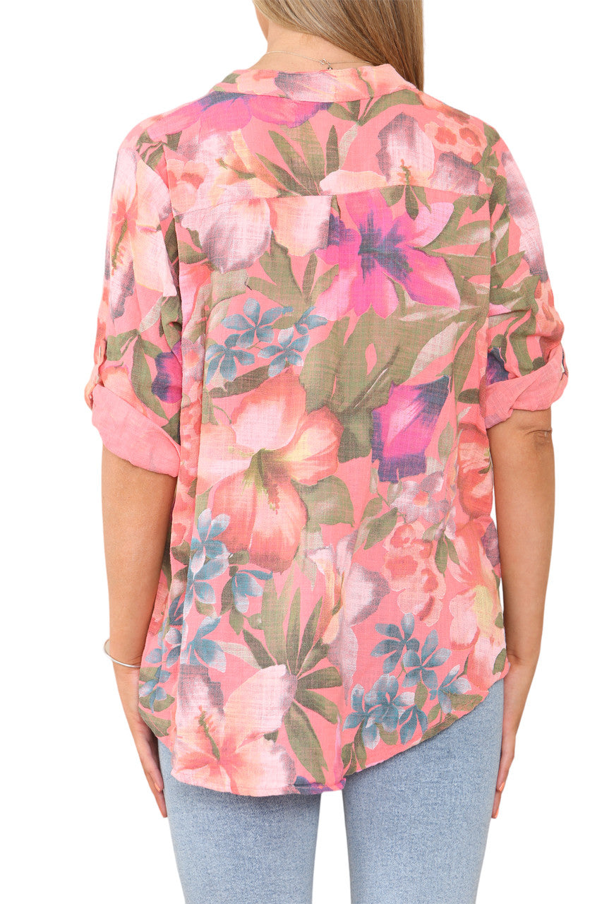 TROPICAL PRINT GRANDAD SHIRT CORAL
