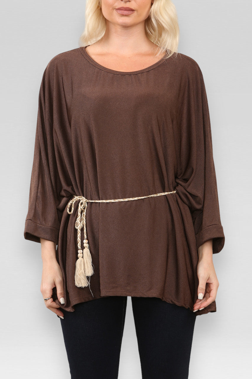 BATWING TOP MET STROPDASRIEM/KETTING CHOCOLADEBRUIN