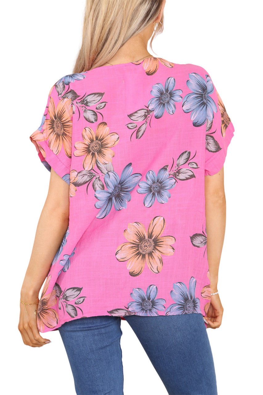 Ladies Daisy Print Top Cerise