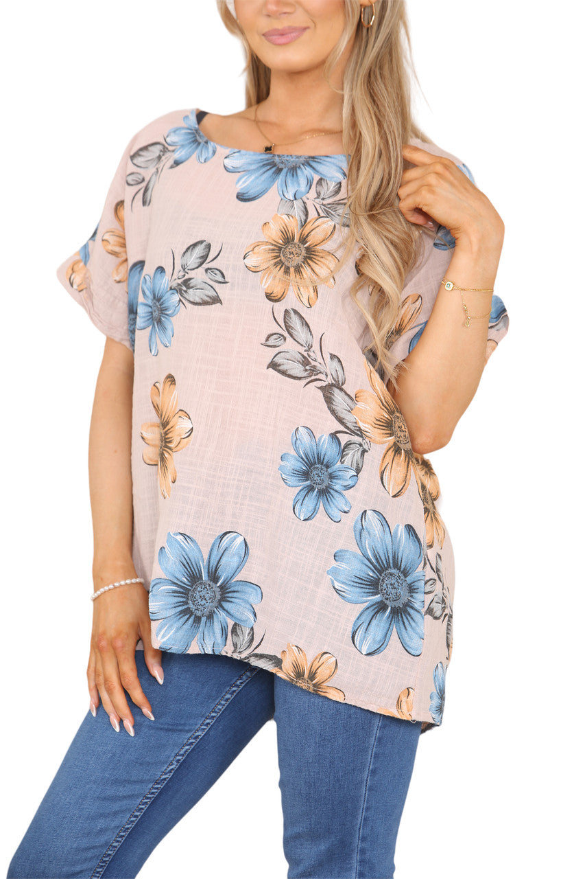 Ladies Daisy Print Top Stone
