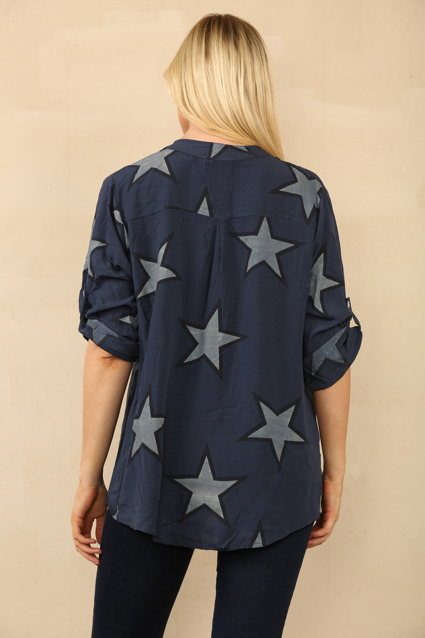 STERRENPRINT OVERHEMD GRANDAD BLOUSE NAVY