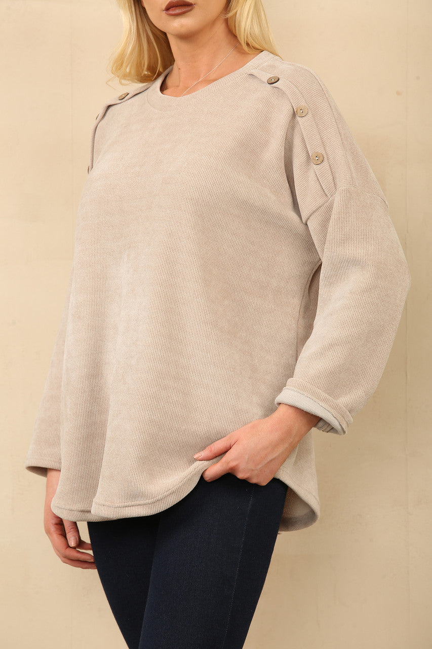 CORDUROY TOP MET KNOPEN OP DE SCHOUDERS, STEENKLEURIG