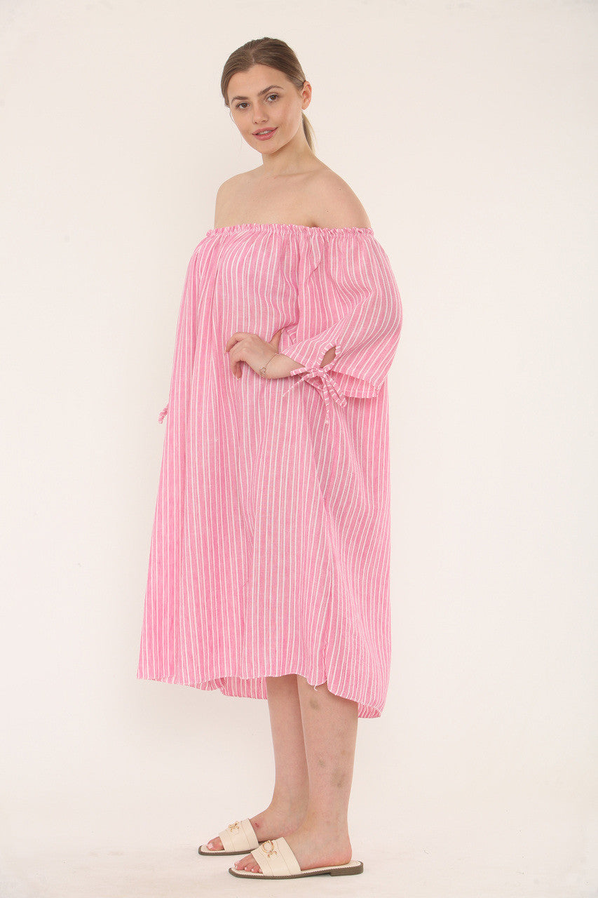 Pinstripe Bardot Dress - Soft Pink