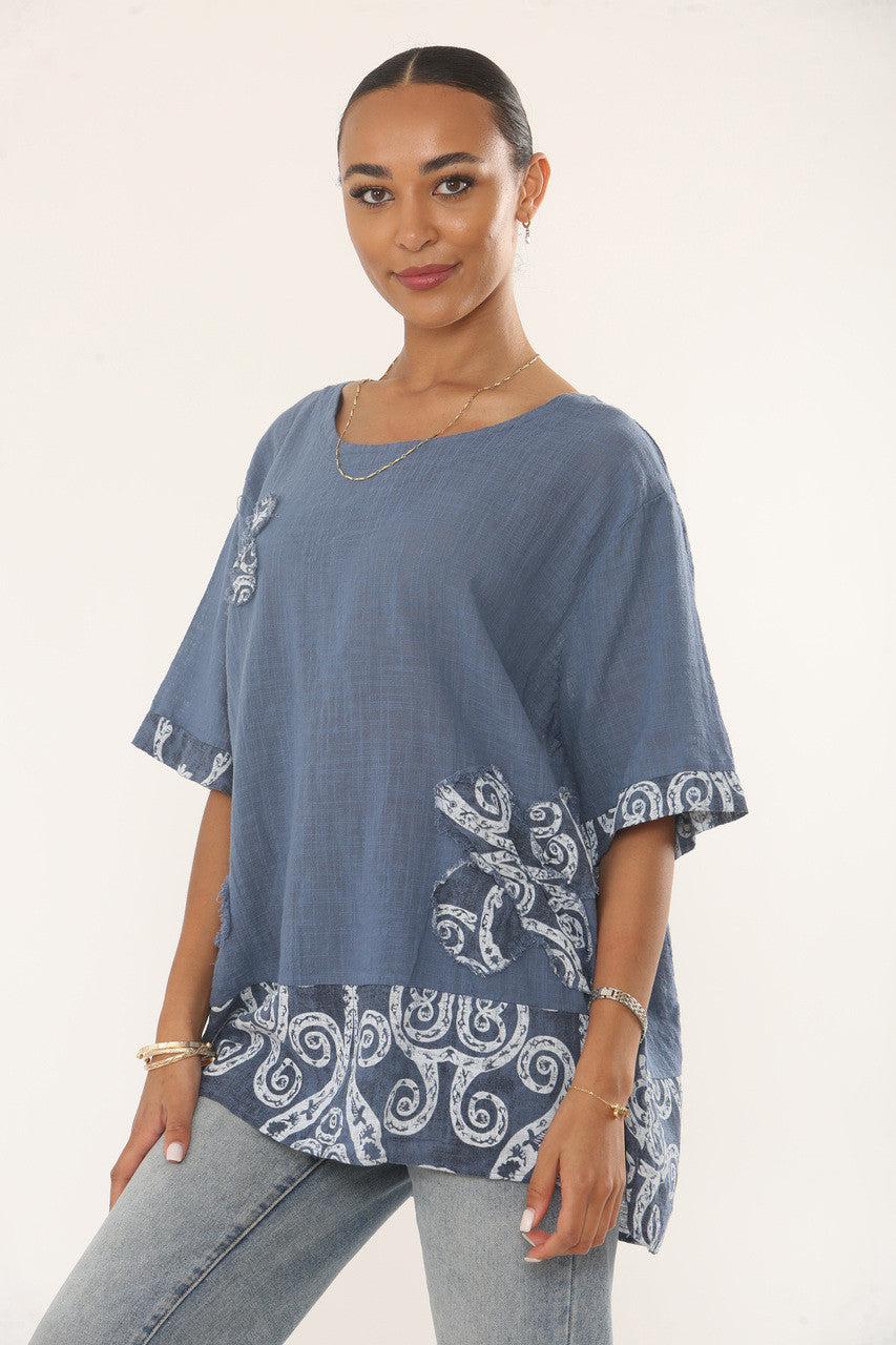 SWIRLS PRINT PATCHWORK TOP - DENIM