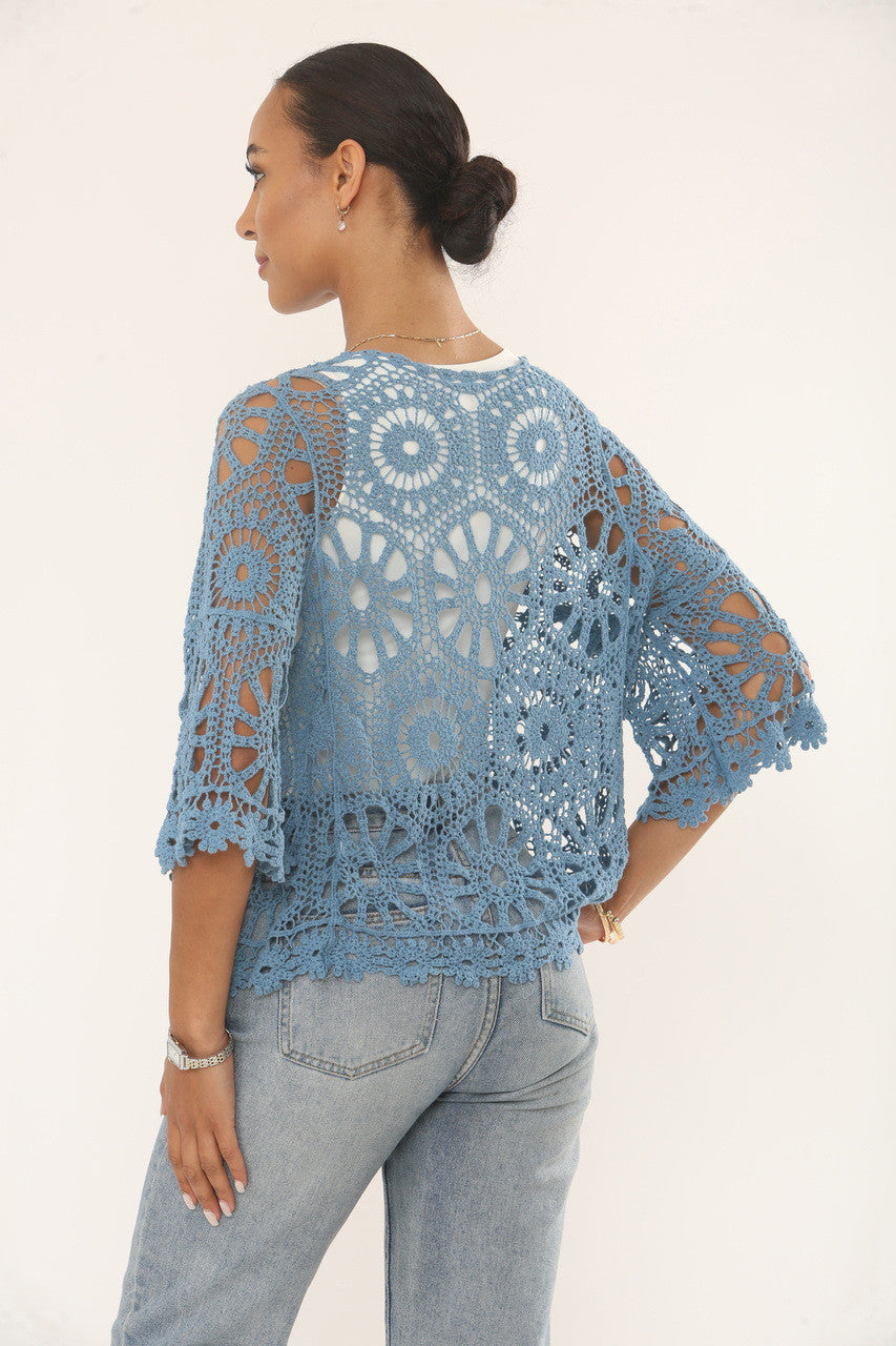 FLORAL & SUNBURST MOTIF CROCHET CARDIGAN TOP - DUSTY BLUE