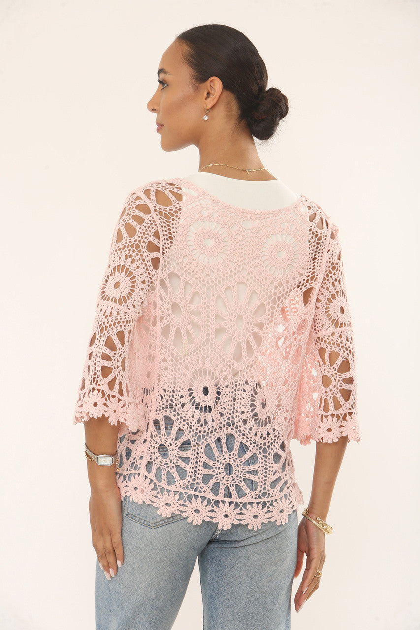 GEHAAKT VESTJE MET BLOEMEN- & ZONNESTRAALMOTIEF - DUSTY ROZE