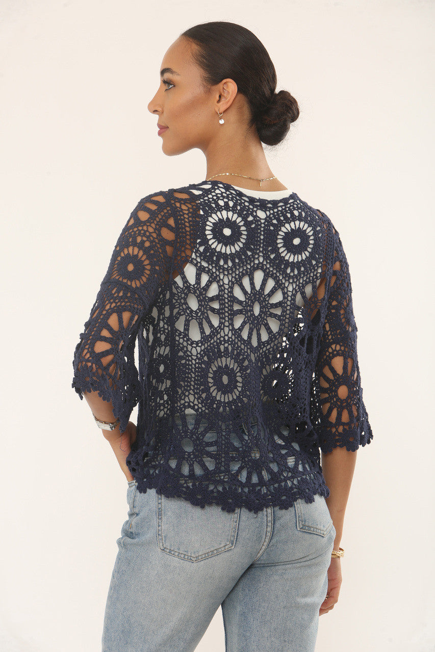 FLORAL & SUNBURST MOTIF CROCHET CARDIGAN TOP - NAVY