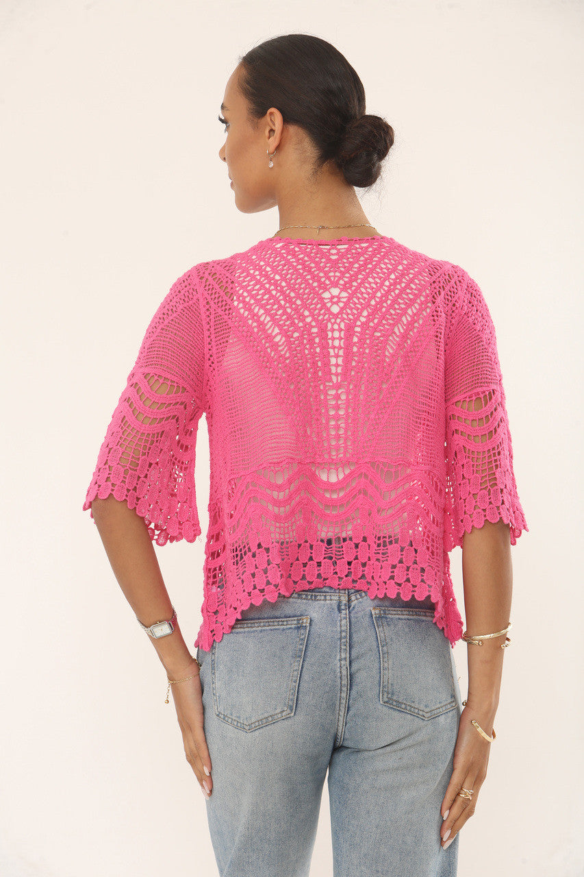 CROCHET TOP WITH SCALLOPED HEM & SLEEVES - HOT PINK