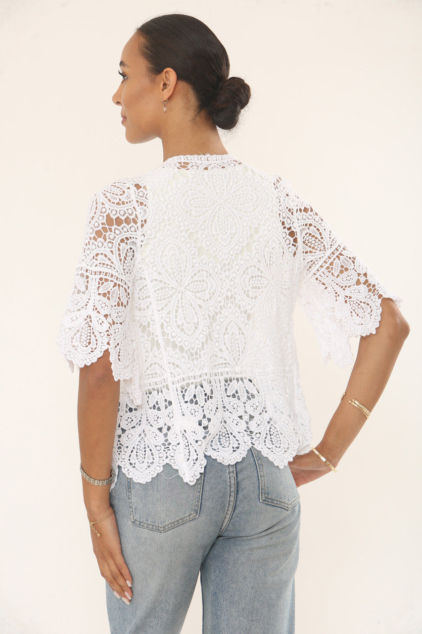 LEAF MOTIF CROCHET CARDIGAN TOP - WHITE