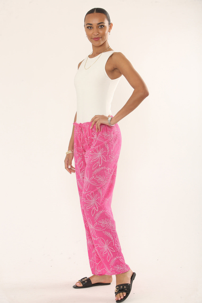 BOTANICAL FLORAL PRINT COTTON TROUSERS - CERISE