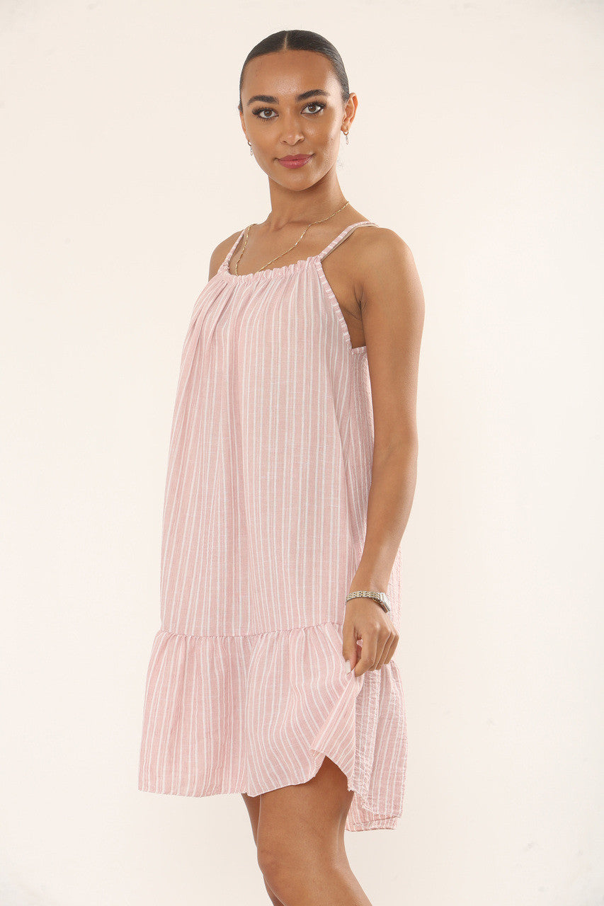 GESTREEPTE ZONNEJURK MET RIMPELROEZELZOOM - BLUSH ROZE