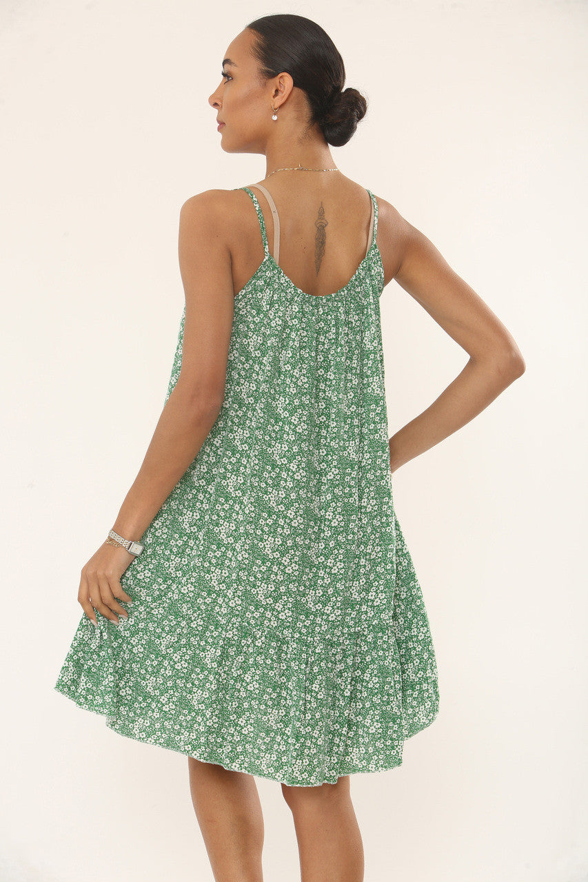 FLORALE ZOMERJURK MET SPAGHETTIBANDJES - GROEN