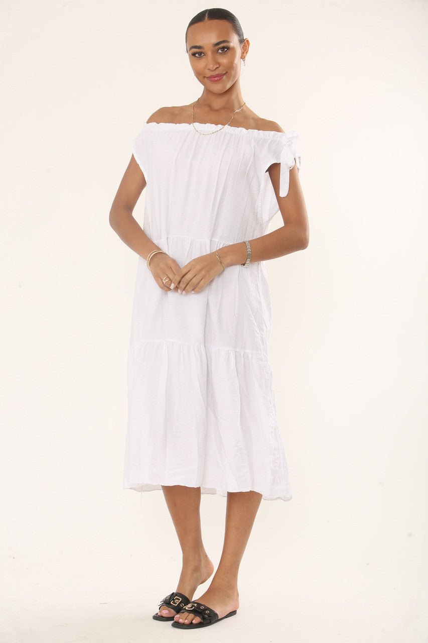 OFF-SHOULDER MIDI JURK MET ROCHES - WIT
