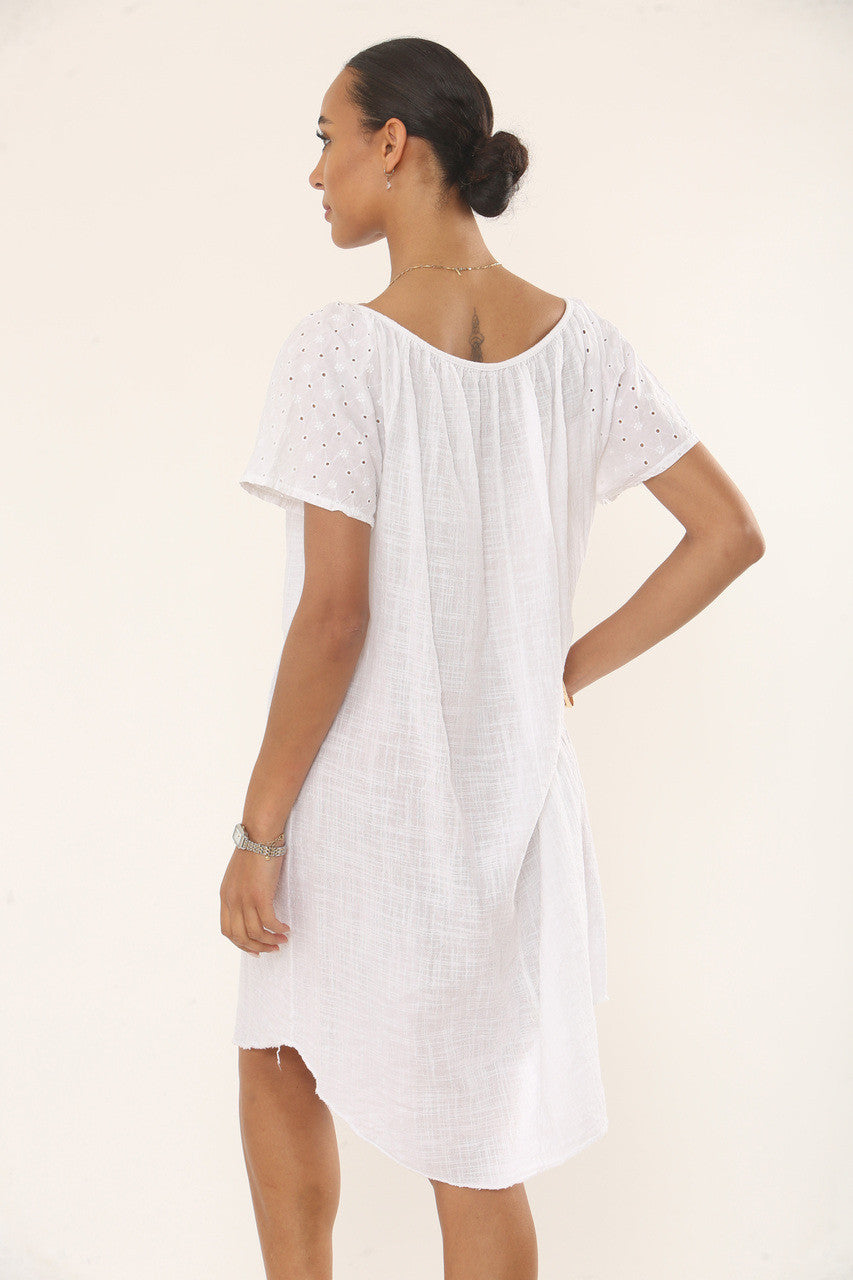 EMBROIDERED EYELET COTTON DRESS - WHITE