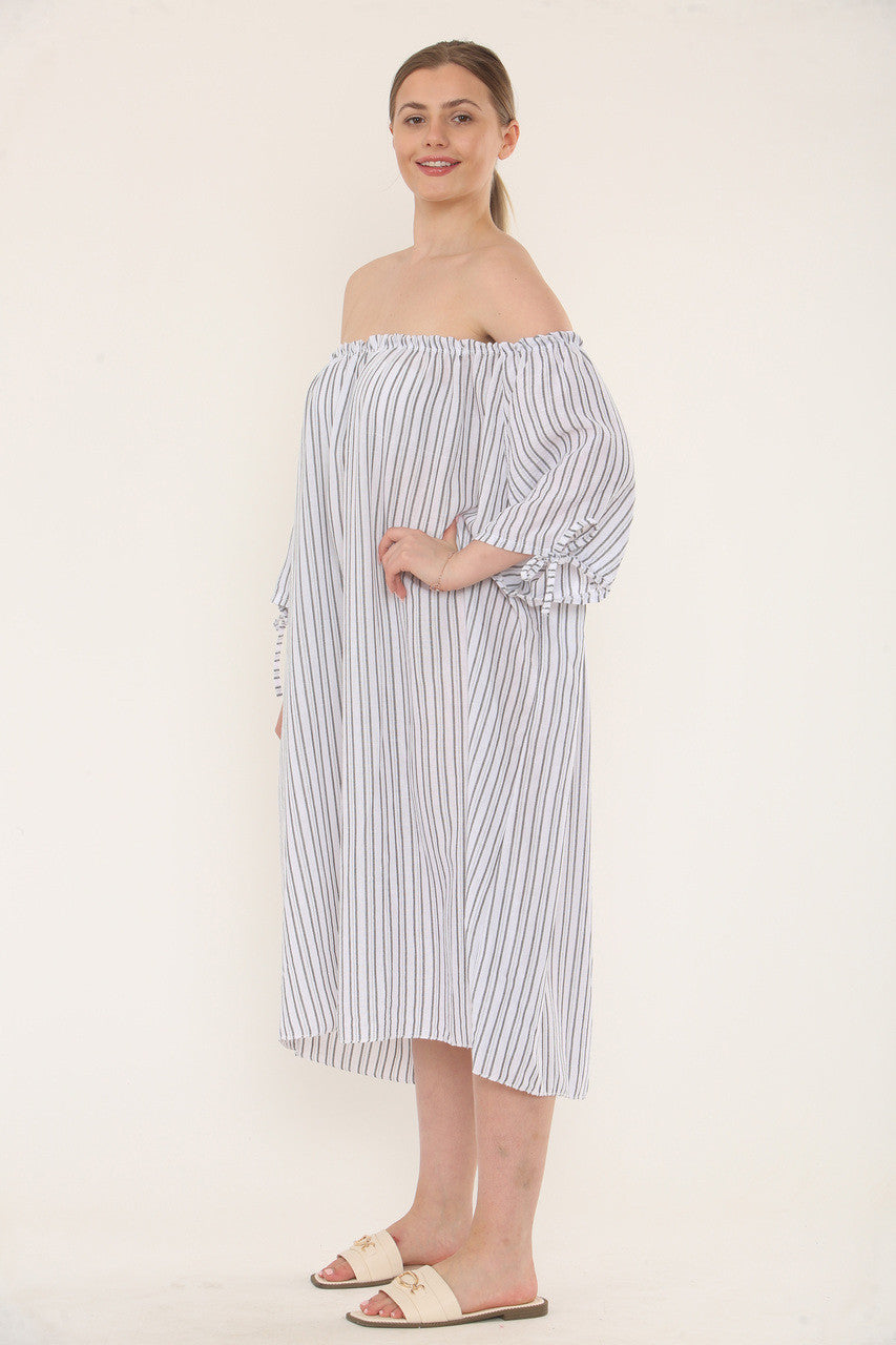 Pinstripe Bardot Dress - White