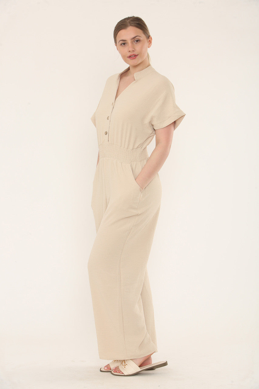 JUMPSUIT MET KORTE MOUWEN EN ELASTISCHE TAILLE - ZAND