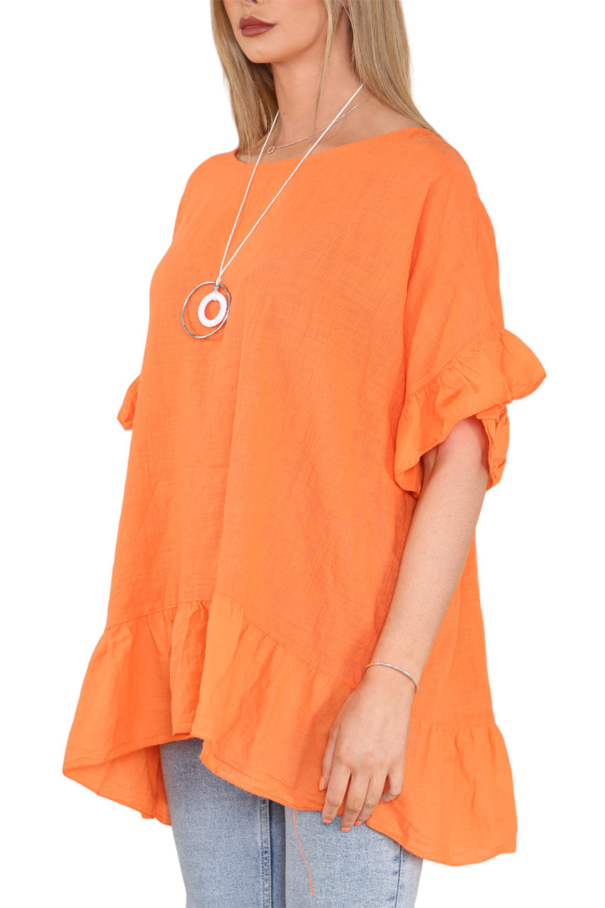 Ladies Frill Hem & Sleeve Floaty Top Orange
