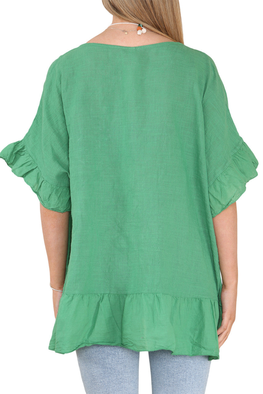 Ladies Frill Hem & Sleeve Floaty Top Green