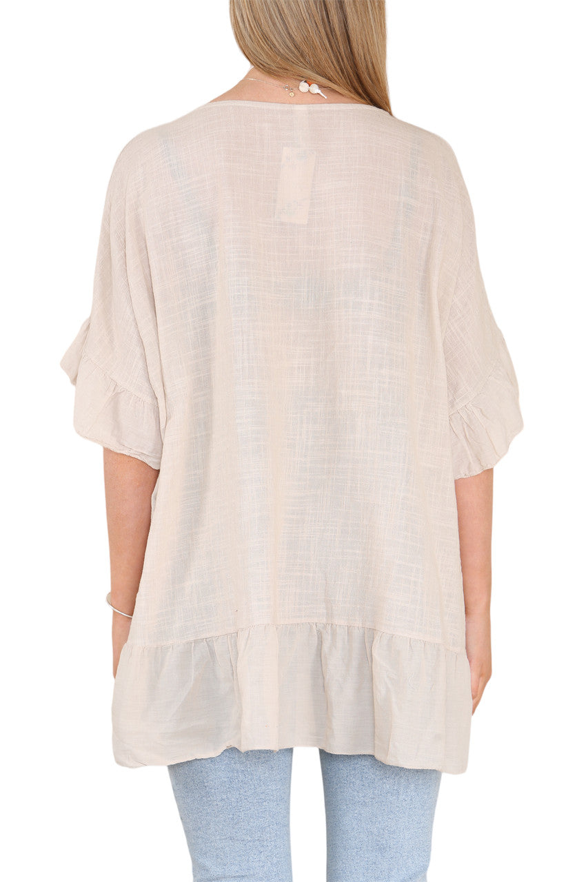 Ladies Frill Hem & Sleeve Floaty Top Stone