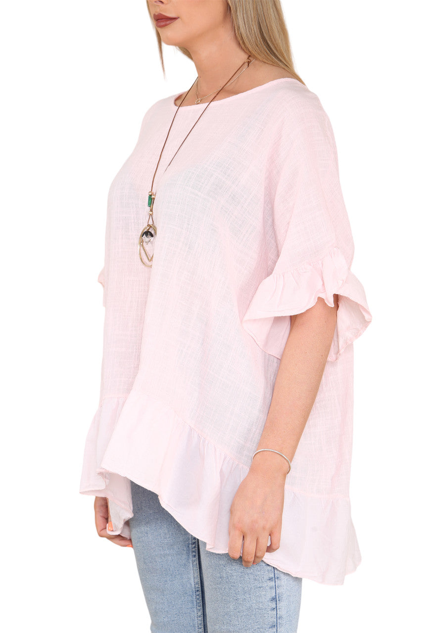 Ladies Frill Hem & Sleeve Floaty Top Dusty Pink