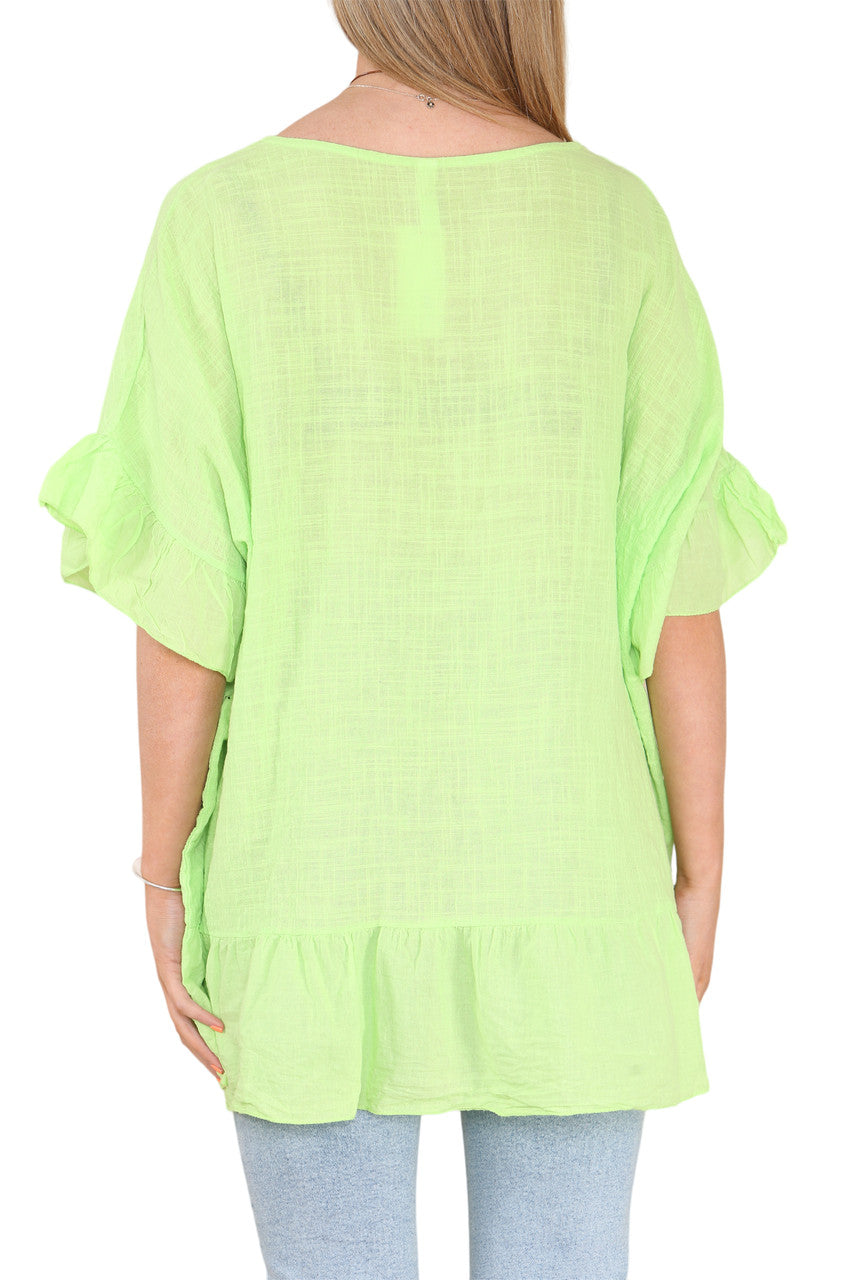 Ladies Frill Hem & Sleeve Floaty Top Lime