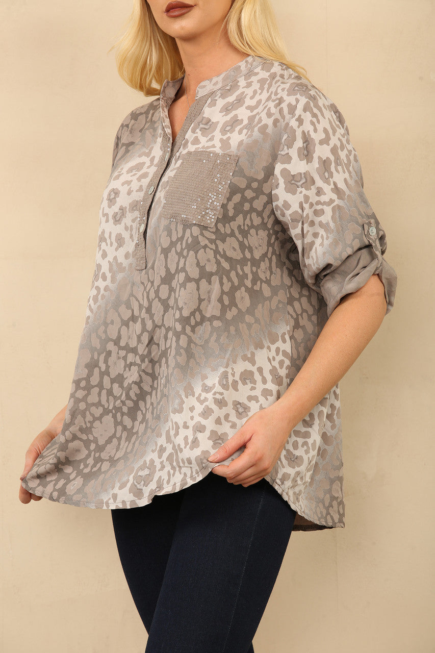 ABSTRACT DIERENPRINT GRANDADOVERHEMD BLOUSE TAUPE