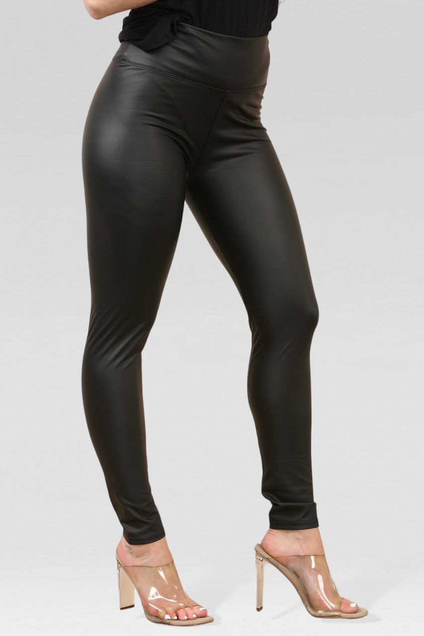 LEATHER LOOK DIKKE TAILLEBAND FLEECE VOERING LEGGING ZWART