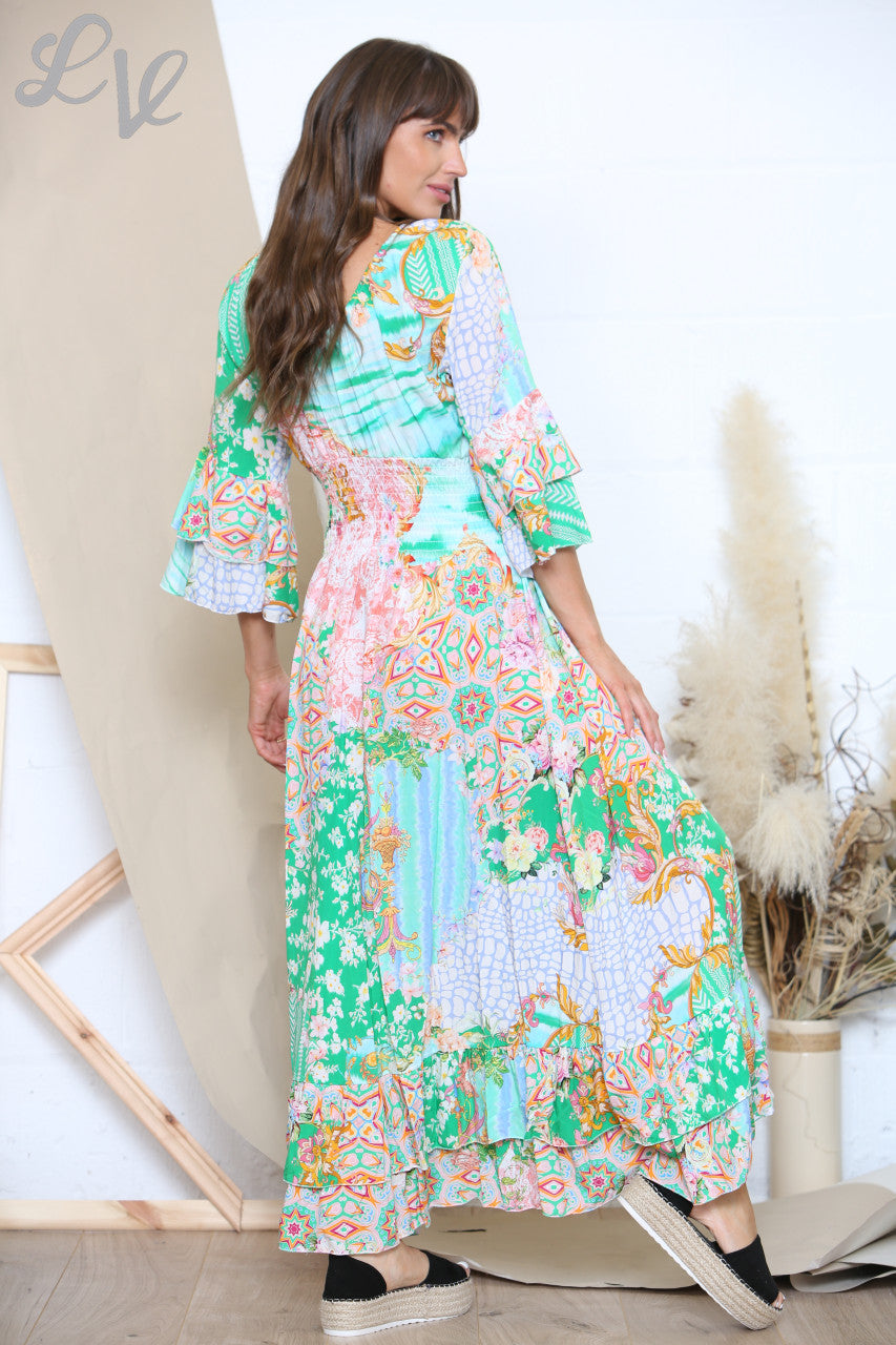 Dames V-Hals Maxi Jurk met Uitlopende Mouw Groen