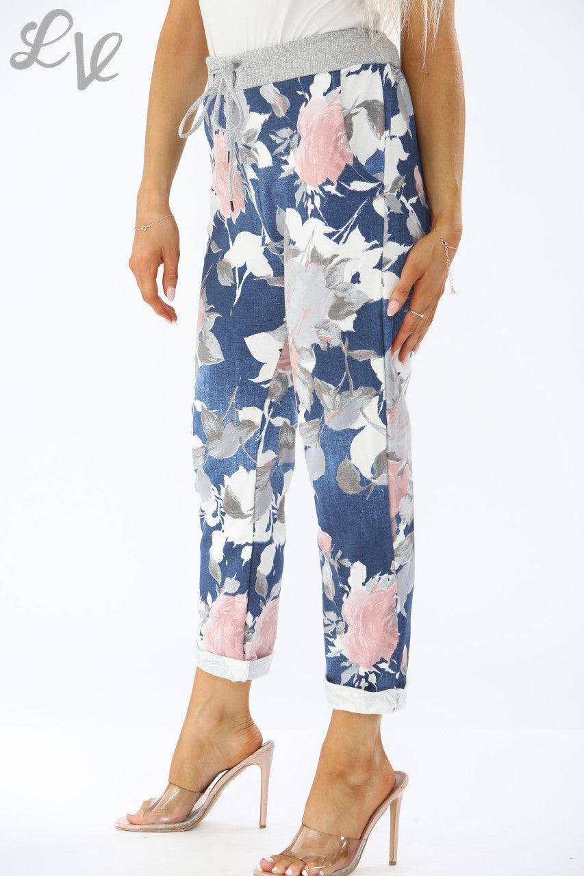 FLORAL ROSE MIX PRINT JOGGING PANT TROUSERS - DENIM