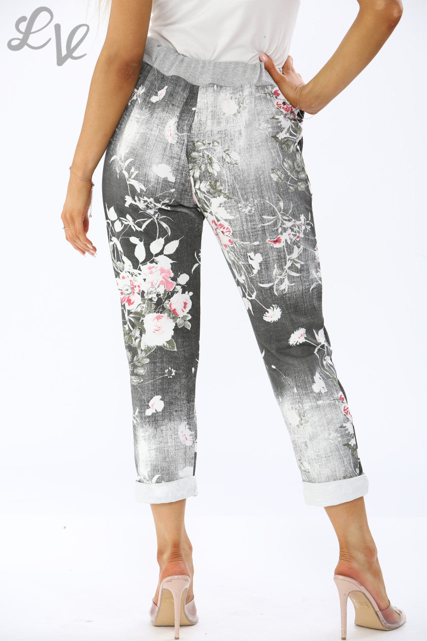 JOGGINGBROEK MET BLOEMENPRINT - GRIJS