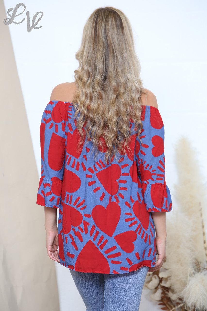 Ladies Heart Print Bardot Top Denim & Red