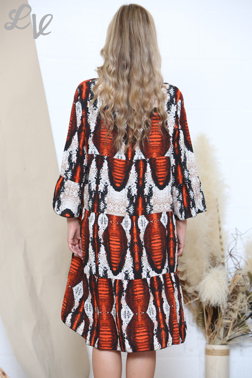 Ladies Reptile Print Tunic Smock Dress Rust