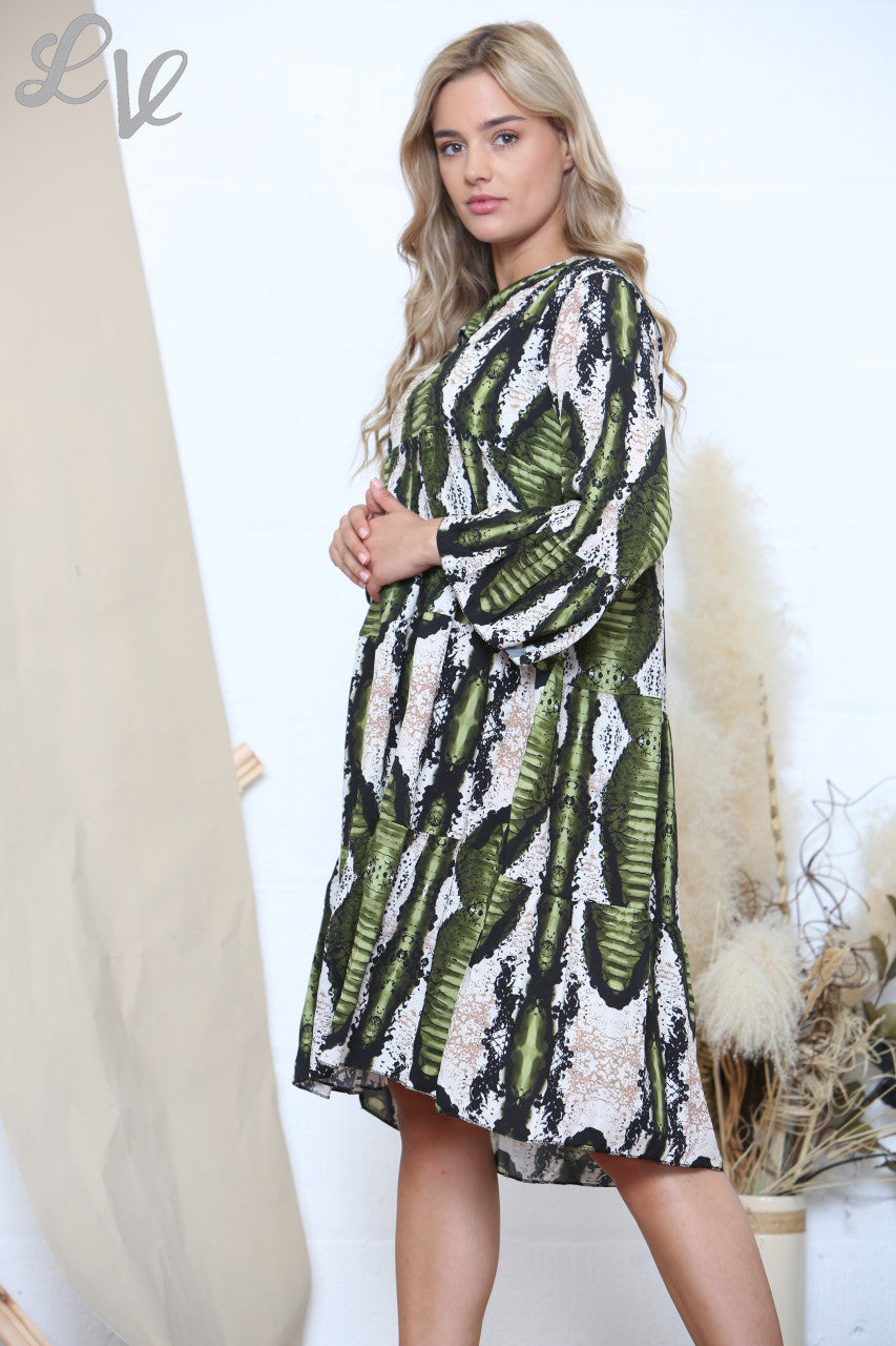 Ladies Reptile Print Tunic Smock Dress Khaki