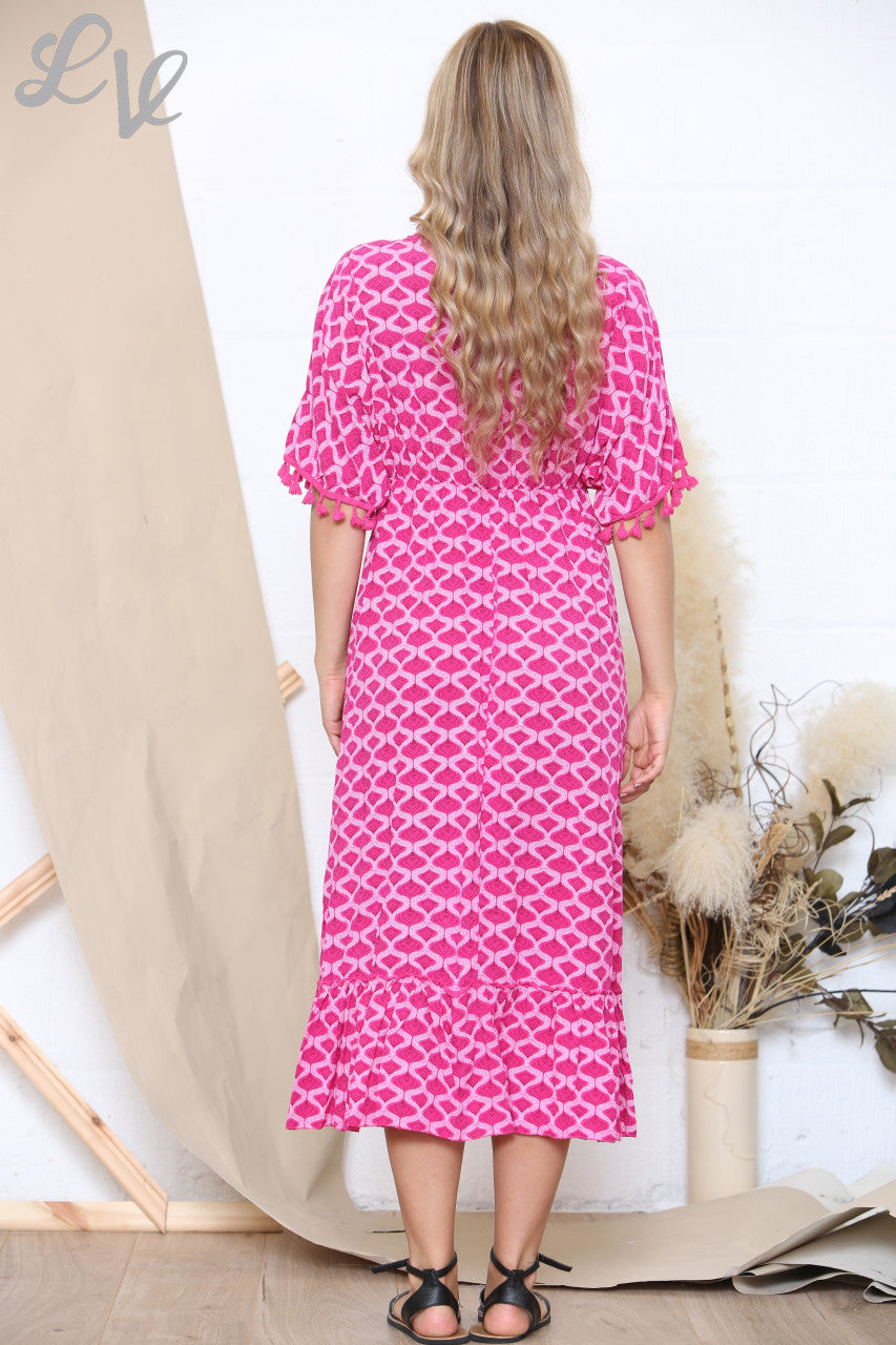 Dames Maxi Jurk met Print, Strikceintuur en Kwastjes, Cerise
