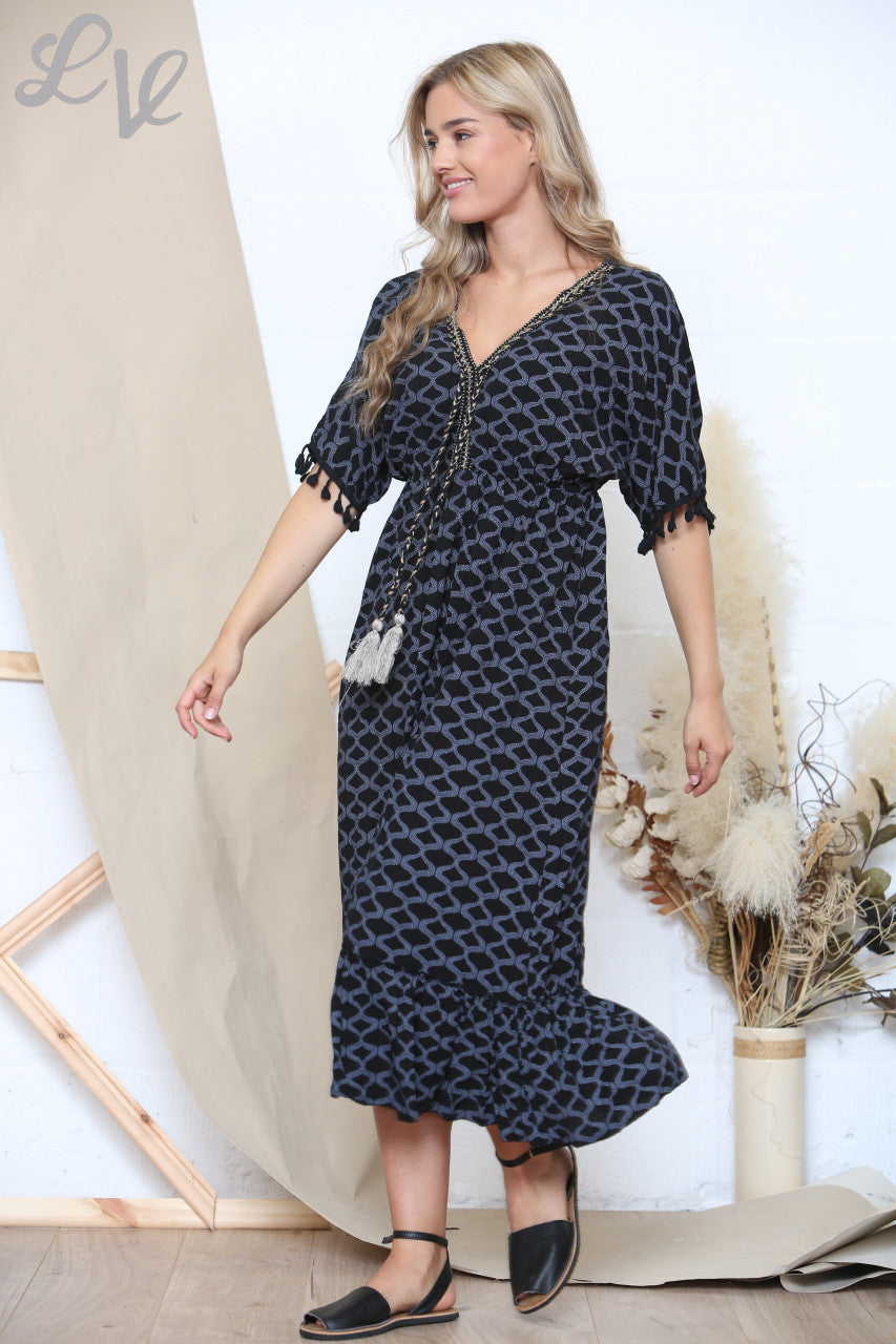 Dames Maxi Jurk met Strik en Kwastjes Zwart