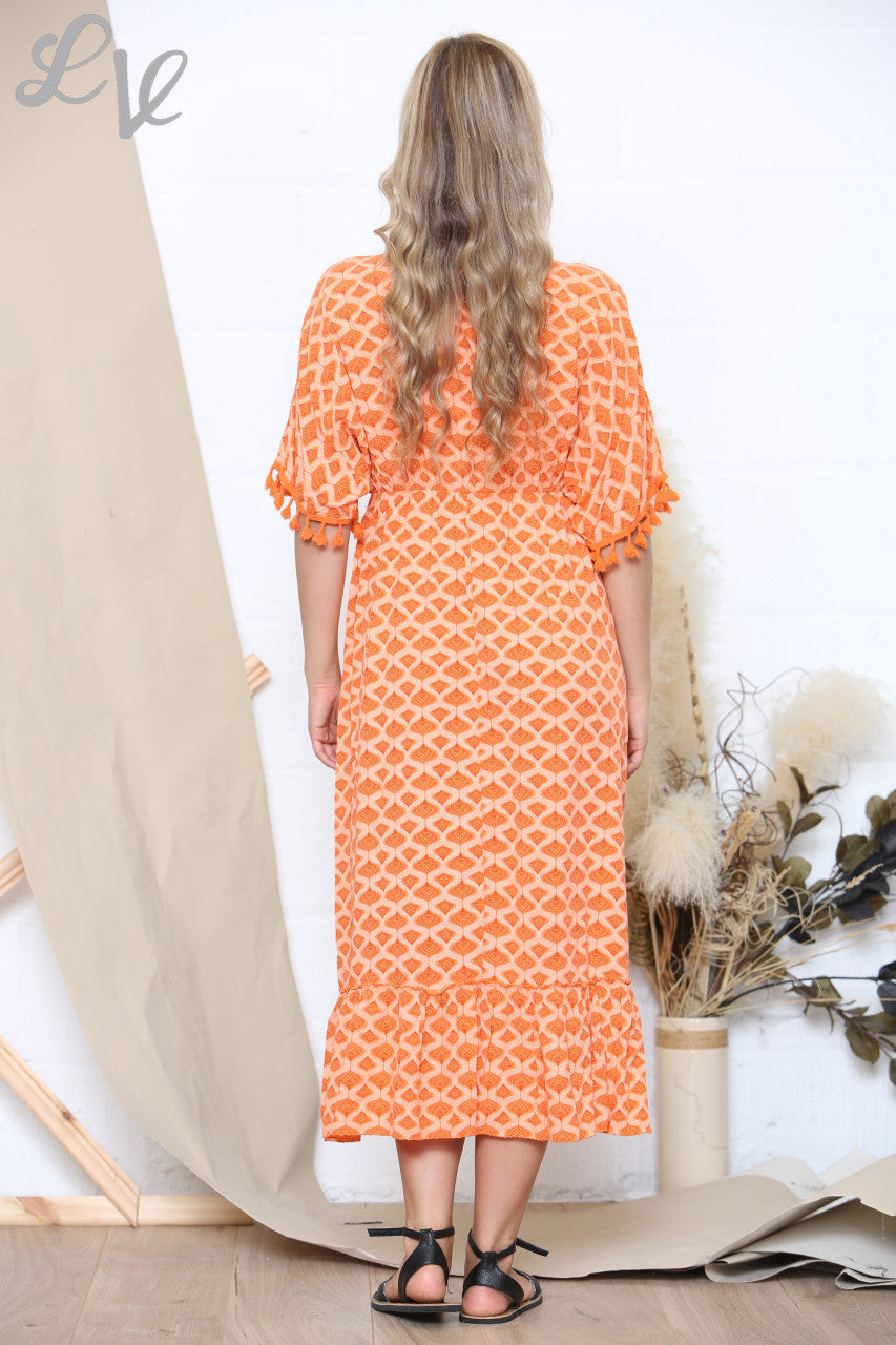 Ladies Print Tie Front Tassel Detail Maxi Dress Orange