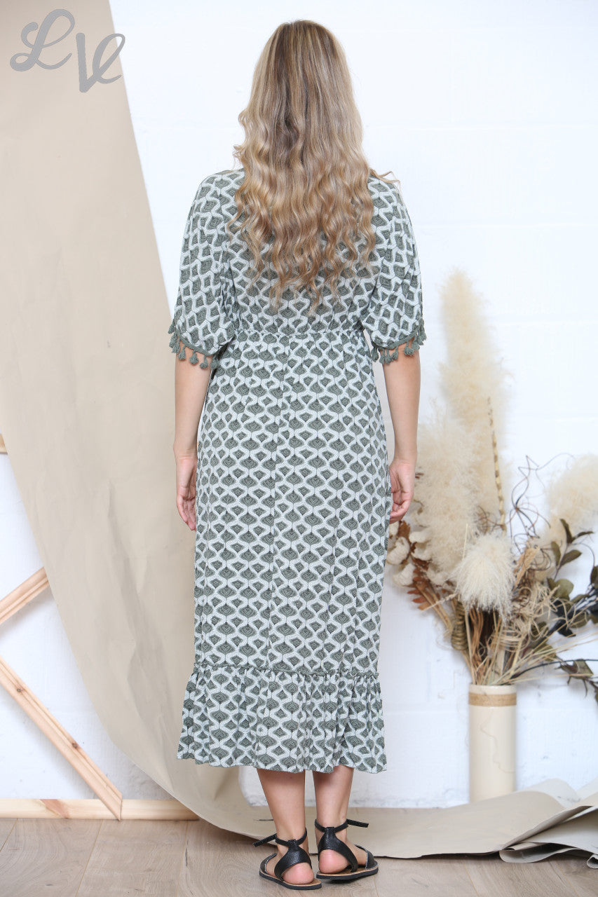 Ladies Print Tie Front Tassel Detail Maxi Dress Khaki