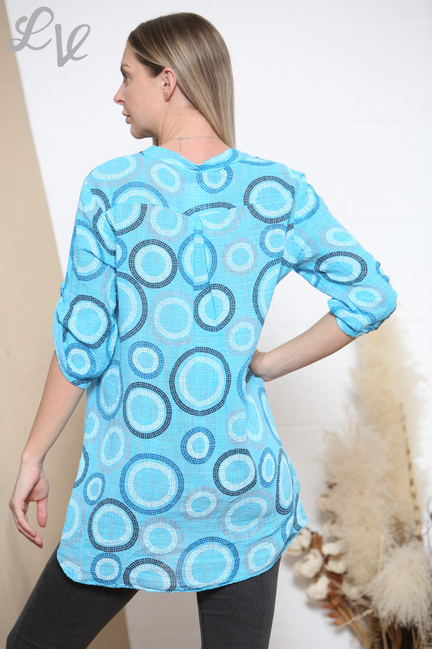 Ladies Circles Print Grandad Style Shirt Turquoise